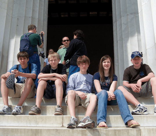 PHOTO COURTESY OF CINDY HALLORAN Immaculate Heart of Mary eighth-graders Stephen Creasy (from left), Kyle Roush, Tyler Massery, Megan Johnson and Alex Halloran take a break on the steps of the Lincoln Memorial in Washington during their trip to see Pope Benedict XVI last week. More than 70 students made the trip.